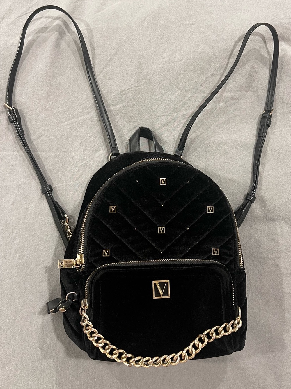 Victoria Secret Black velvet Mini Backpack with Gold Chain